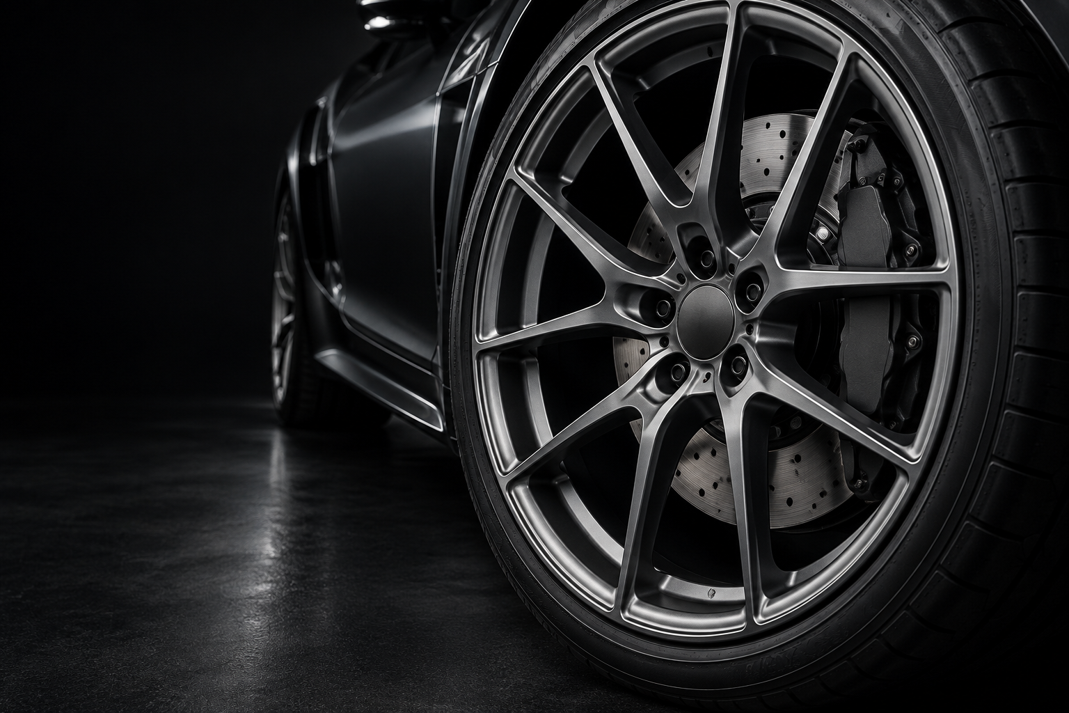 Close-up of a graphite alloy wheel